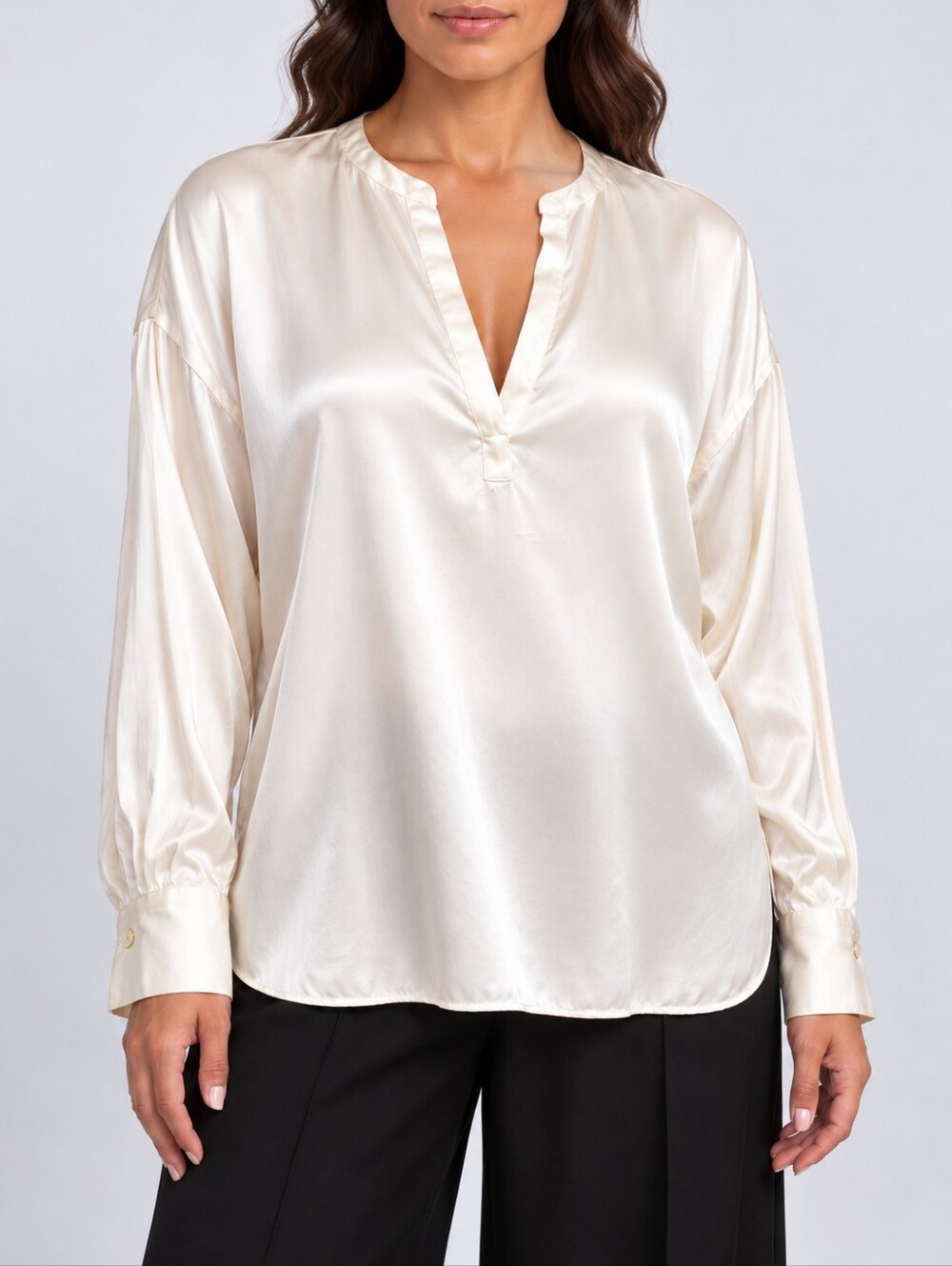 Joie 100% Silk Ivory Pop-Over Blouse L Split Neck High Low Relaxed Fit Classic
